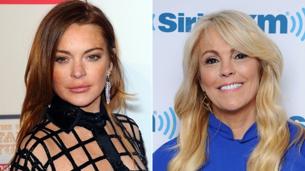 Lindsay Lohan standing (left image)/Dina Lohan smiling ahead (right image)