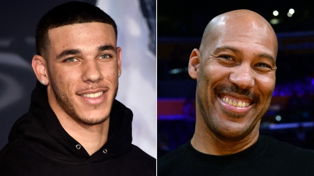 Lonzo Ball smiling (image left), LaVar Ball smiling ahead (image right)