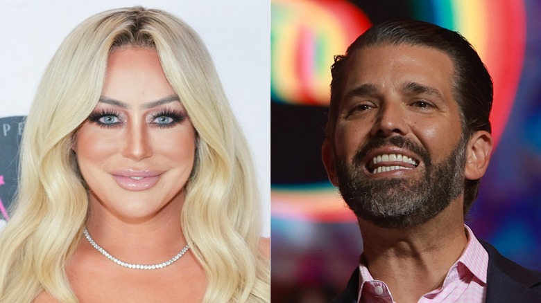 Split screen closeups of Aubrey O'Day and Donald Trump Jr. 