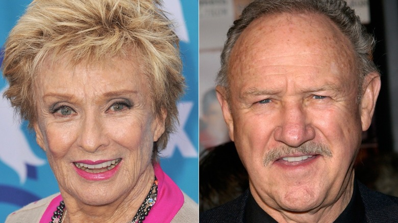 Split screen closeups of Gene Hackman and Cloris Leachman