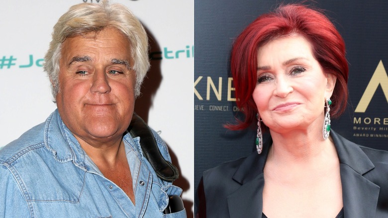 Split frame close-up of Jay Leno and Sharon Osbourne 