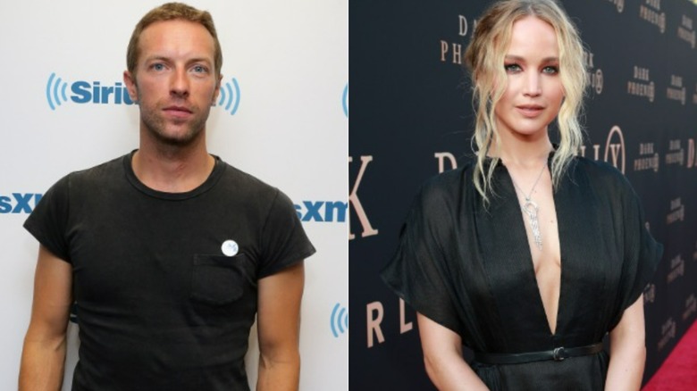 Chris Martin and Jennifer Lawrence posing 