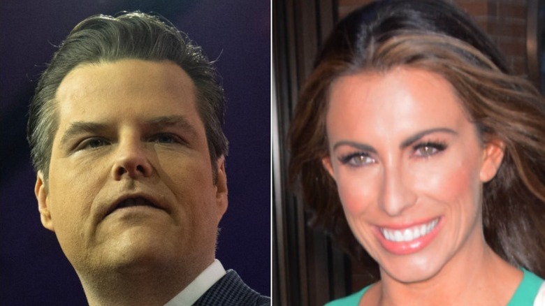 side-by-side of Matt Gaetz frowning and Alyssa Farah Griffin with a big smile