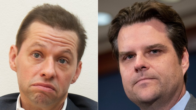 Side-by-side of Jon Cryer and Matt Gaetz frowning