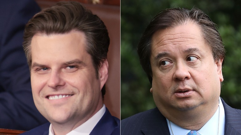 Matt Gaetz smirking in a side-by-side image with George Conway looking sad