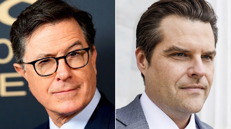 Side-by-side of Stephen Colbert with a raised eyebrow and Matt Gaetz with a gaping mouth