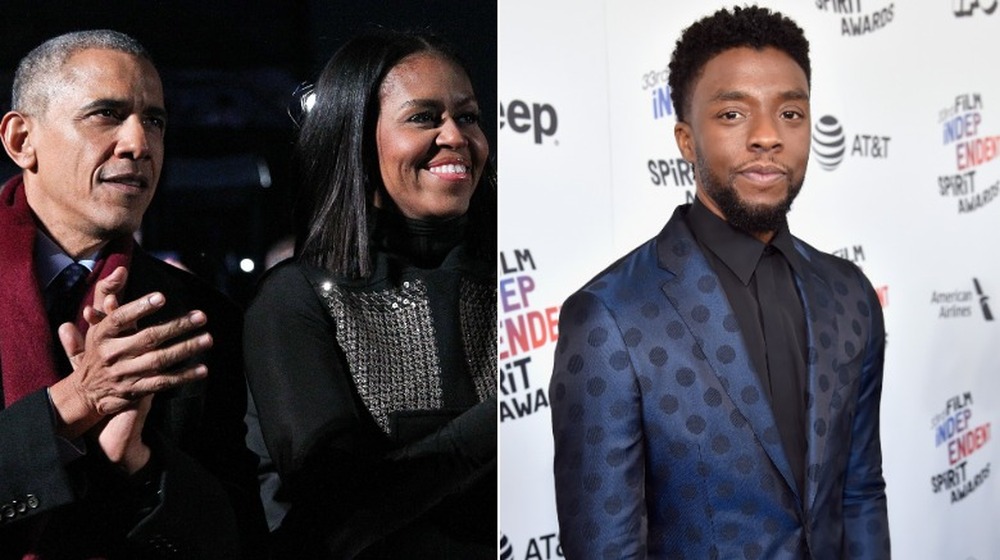 Barack and Michelle Obama clapping, Chadwick Boseman posing