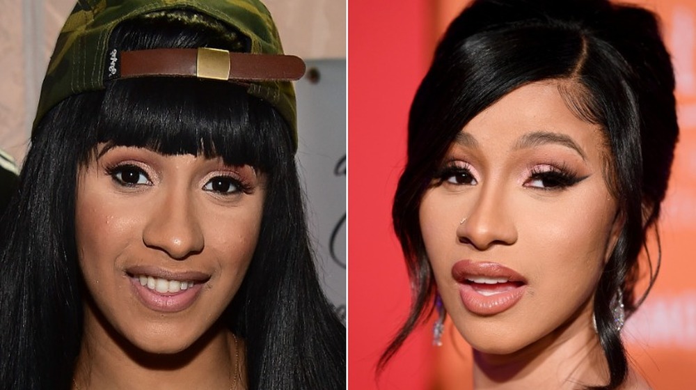 Cardi B with cap on and bangs; present day Cardi B