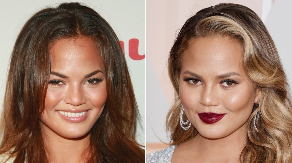 Young Chrissy Teigen; Present day Chrissy Teigen with red lips