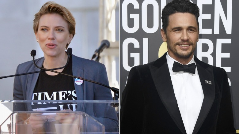 Scarlett Johansson behind podium, James Franco smiling