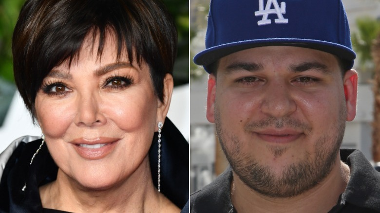 Kris Jenner smiling, Rob Kardashian wearing cap