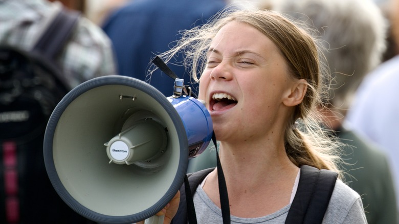 Greta Thunberg yelling at protest