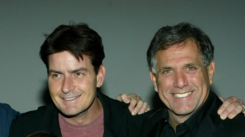 Charlie Sheen and Les Moonves smiling