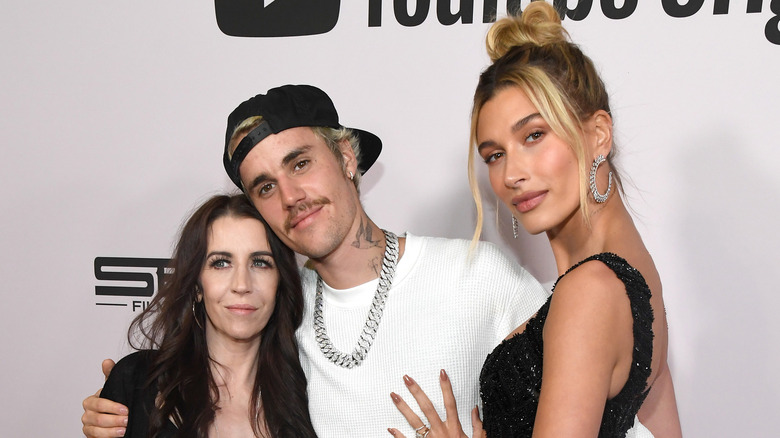 Pattie Mallette, left, Justin Bieber, center, and Hailey Bieber, right