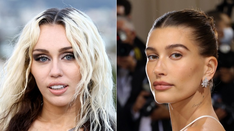 Miley Cyrus, left, and Hailey Bieber, right