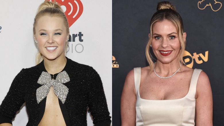 Split image of Jojo Siwa and Candace Cameron Bure in close-up