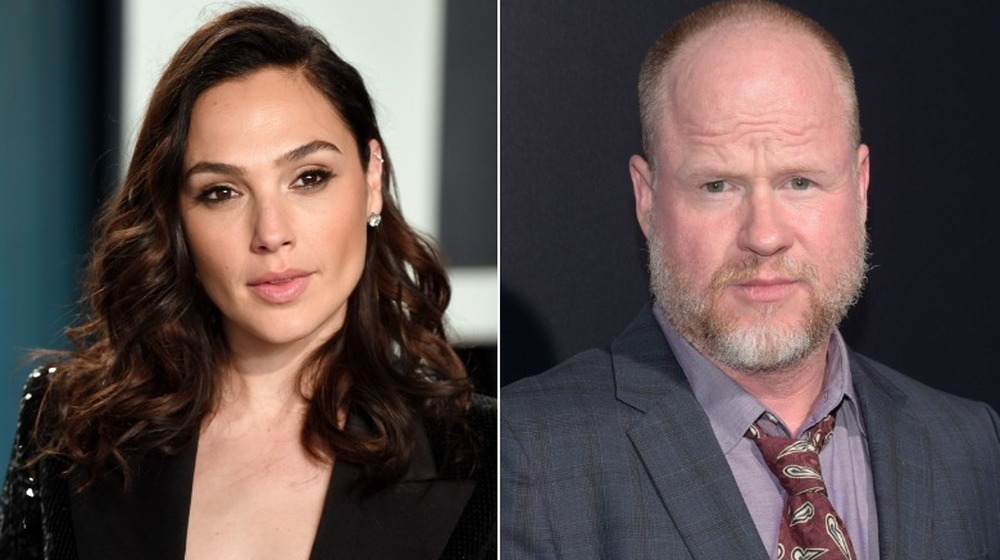 Gal Gadot (smirking) left, Joss Whedon looking stern (right)