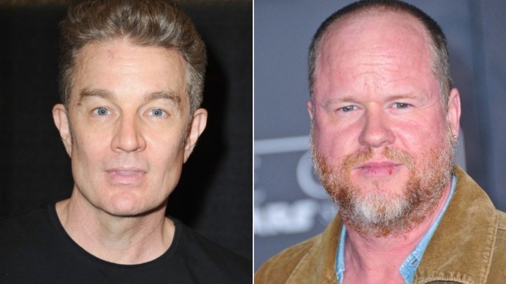 James Marsters with his mouth slightly open (left), Joss Whedon with a slight smile (right)