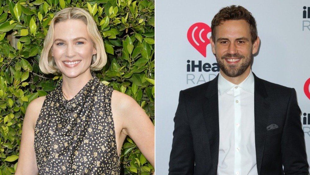 January Jones smiling (left), Nick Viall smiling (right)