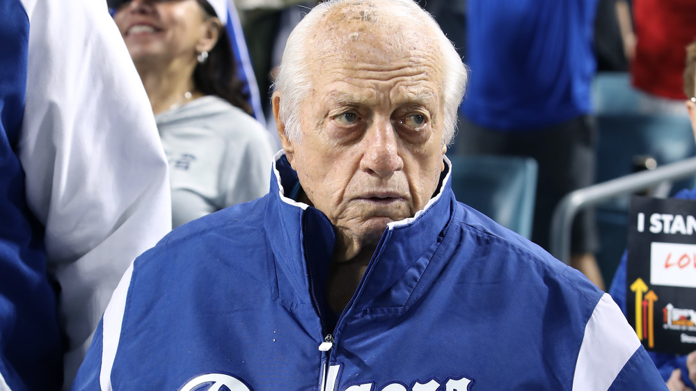 Tommy Lasorda standing at Holman Stadium