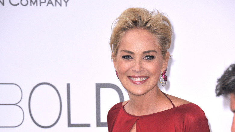 Sharon Stone wearing red earrings 