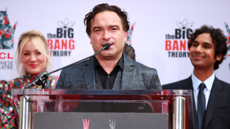 Johnny Galecki speaking at podium during hand print ceremony for "The Big Bang Theory" cast