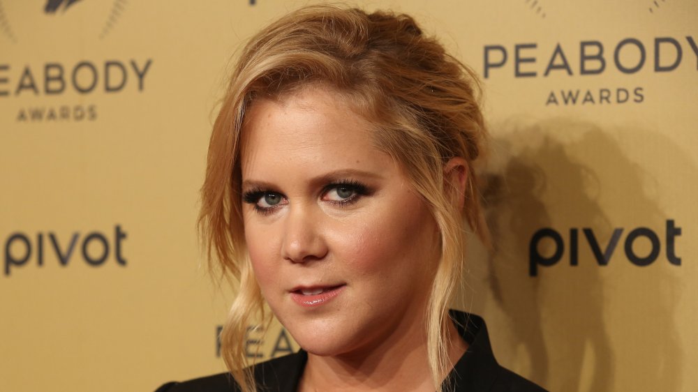 Amy Schumer in a black blazer with her hair in an up-do, posing with a small smile at the Peabody Awards