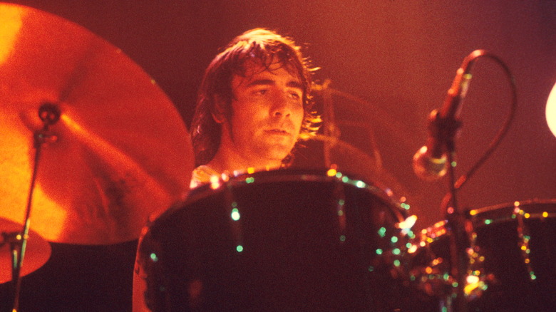 Keith Moon sitting at his onstage drum set