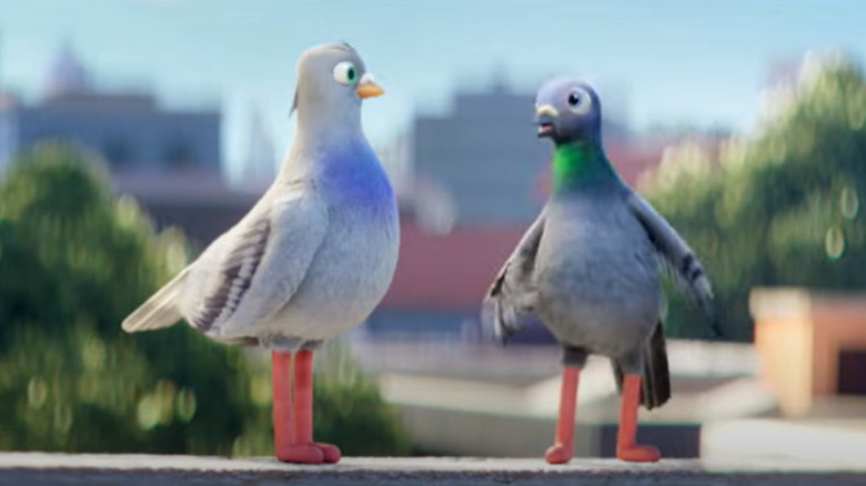 Two cartoon pigeons talk on rooftop