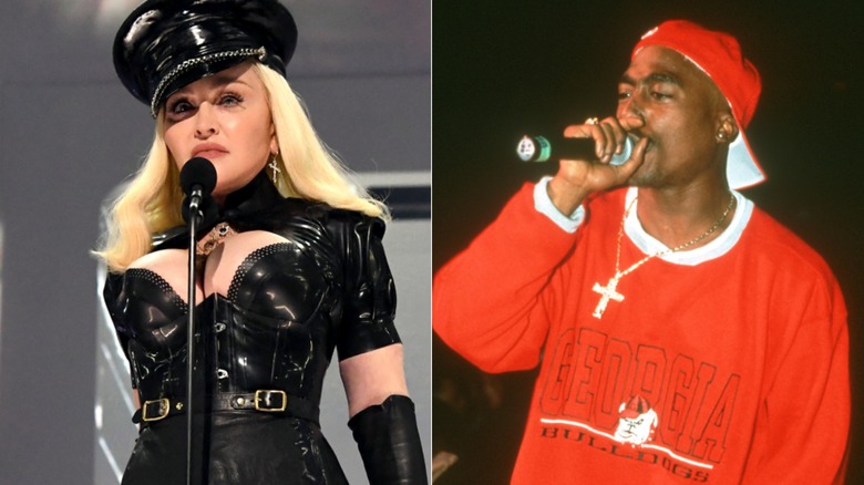 Madonna performing on stage and Tupac Shakur performing on stage