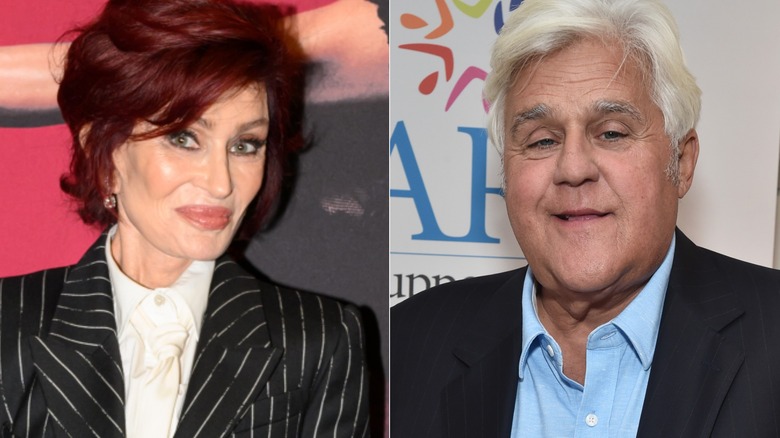 Sharon Osbourne posing at an event and Jay Leno smiling at event 