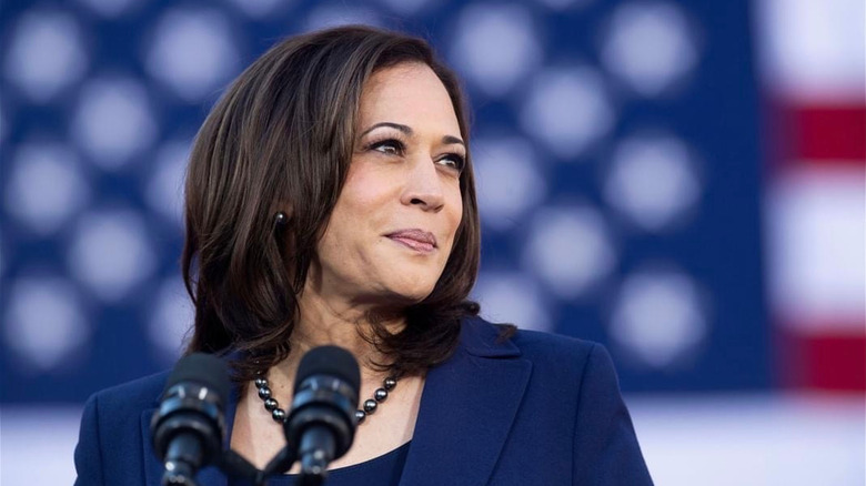 Kamala Harris with a mic