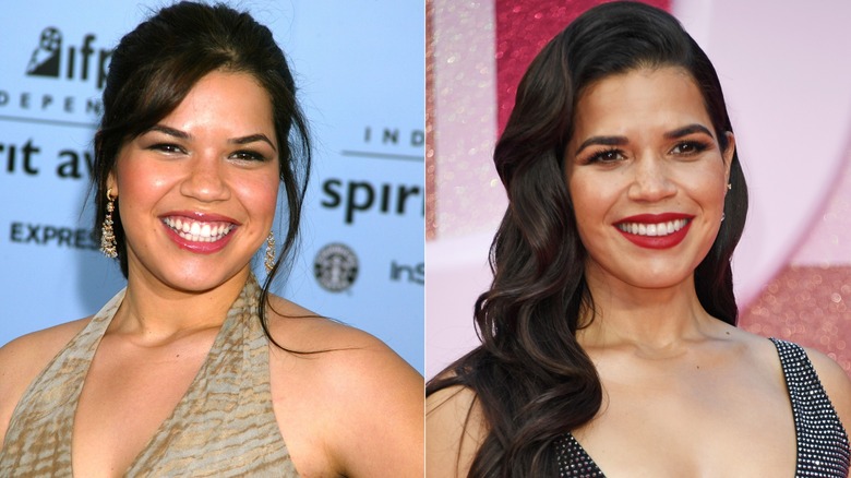 Split image of America Ferrera smiling