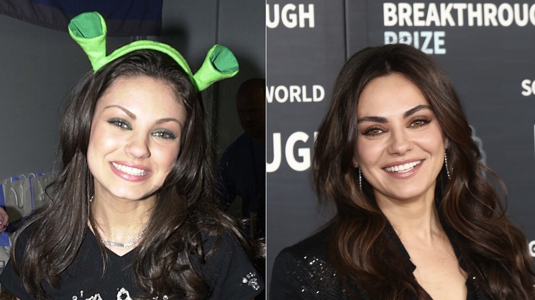 Split image of Mila Kunis smiling