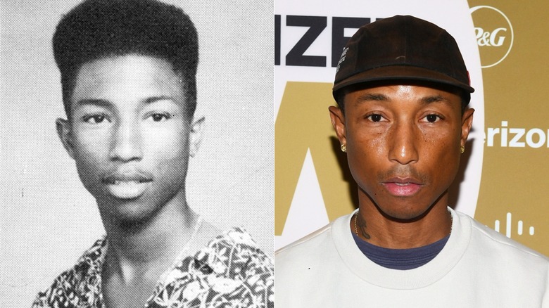 Split image of Pharrell Williams posing