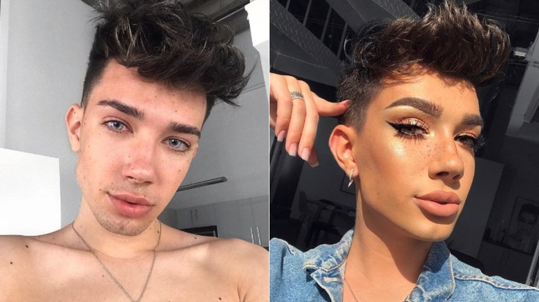 James Charles selfies with and without makeup