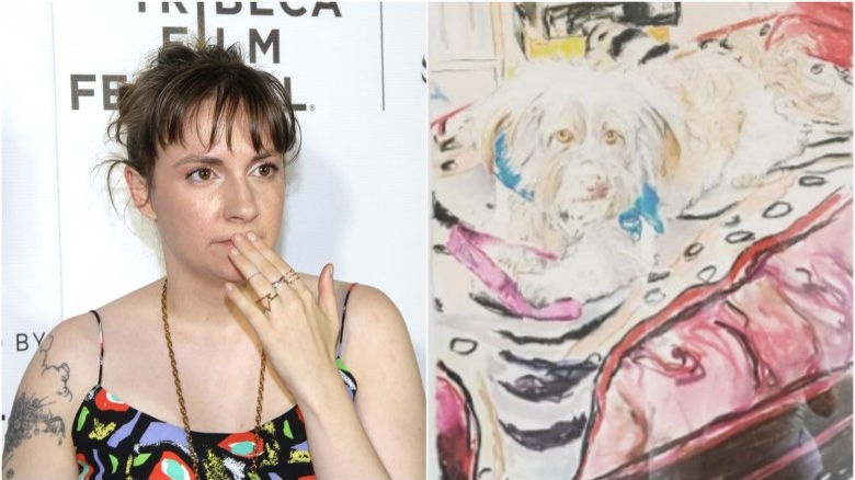 Lena Dunham looking concerned, a drawing of her dog