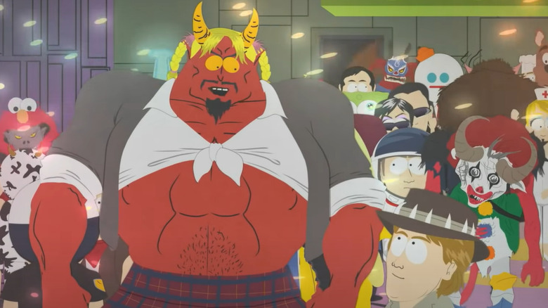 Satan frowning at Steve Irwin on South Park