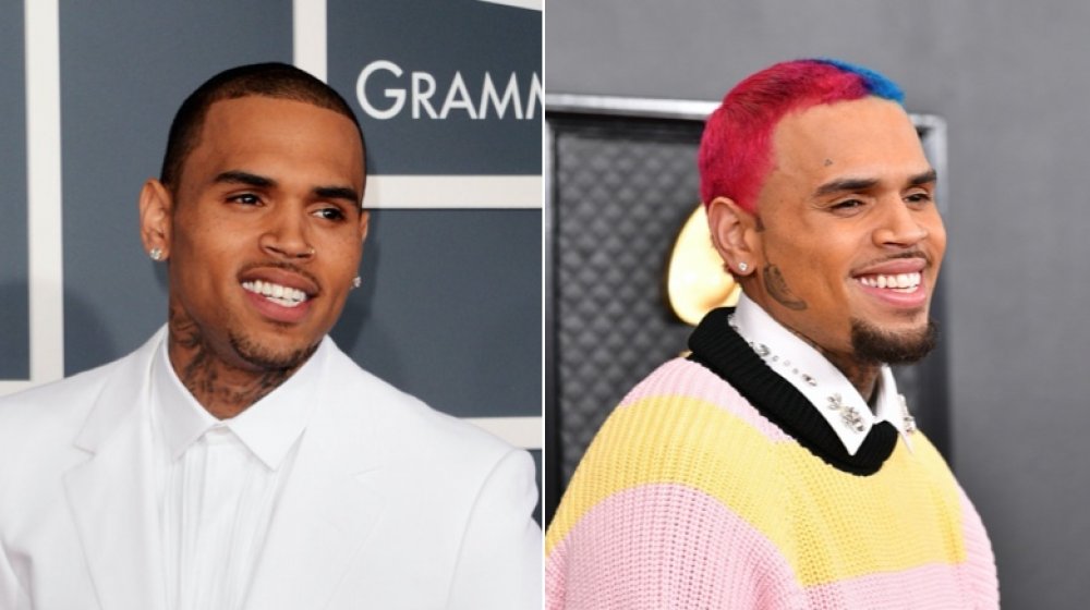 Left: Chris Brown in white suit / Right: Chris Brown with pink hair