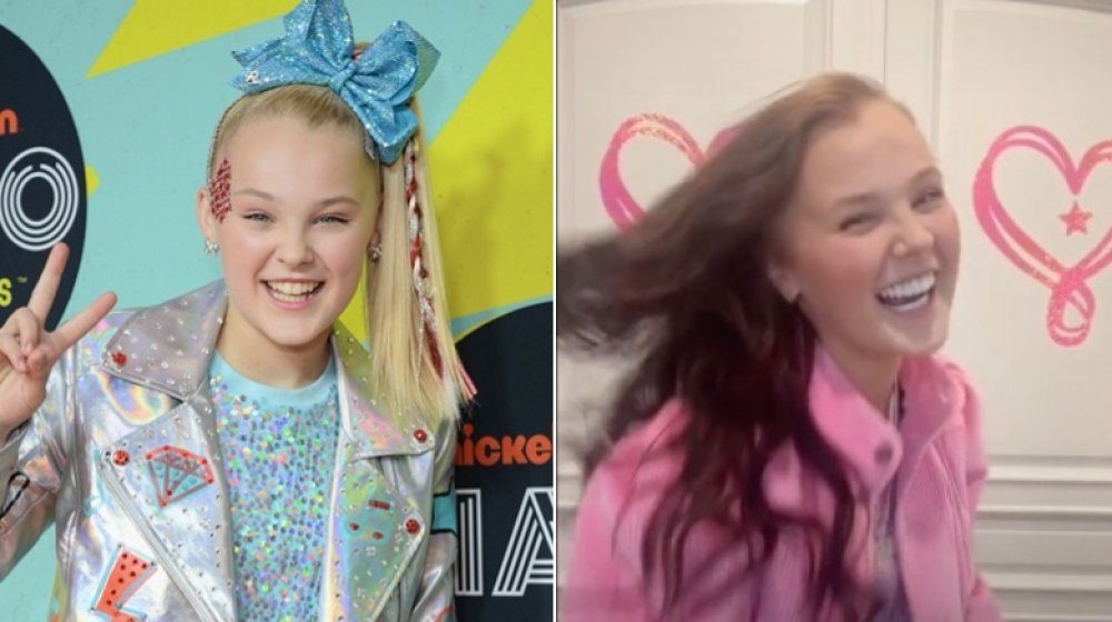 Left: JoJo Siwa in usual, glittery outfit, Right: JoJo with brown hair