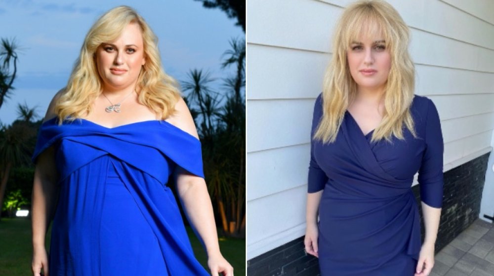 Left: Rebel Wilson in formal blue dress / Right: Rebel Wilson after weight loss