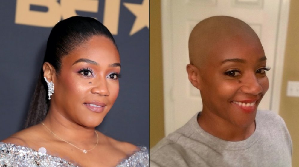 Left: Tiffany Haddish at BET event / Right: Tiffany Haddish bald