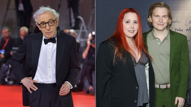 Woody Allen on a red carpet, Dylan and Ronan Farrow on a red carpet