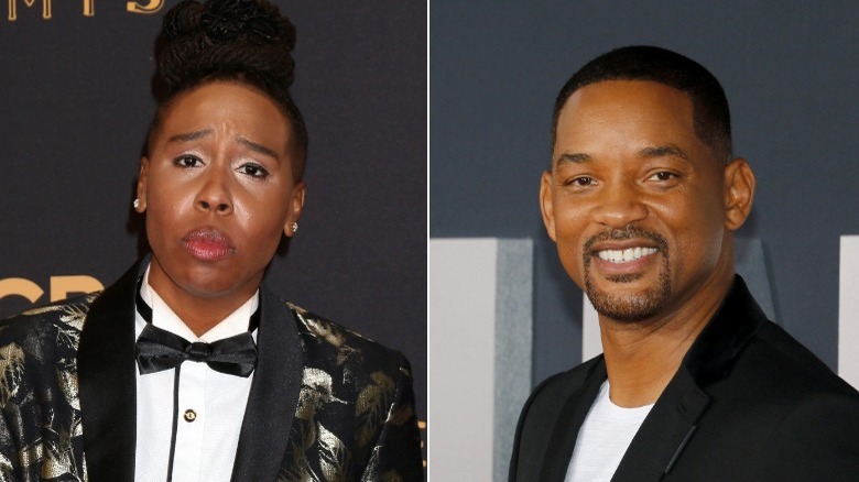 Lena Waithe and Will Smith wearing suits in front of dark backgrounds, separately