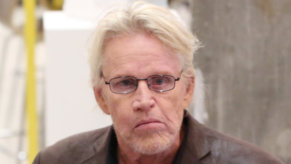 Gary Busey in a brown jacket, disheveled hair, looking serious