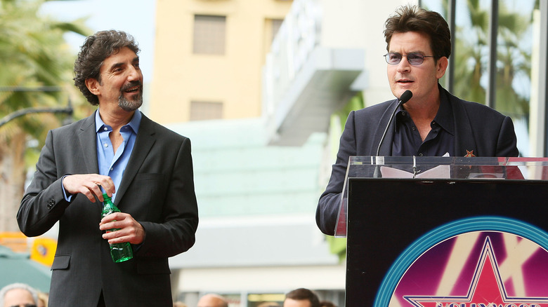 Chuck Lorre and Charlie Sheen podium