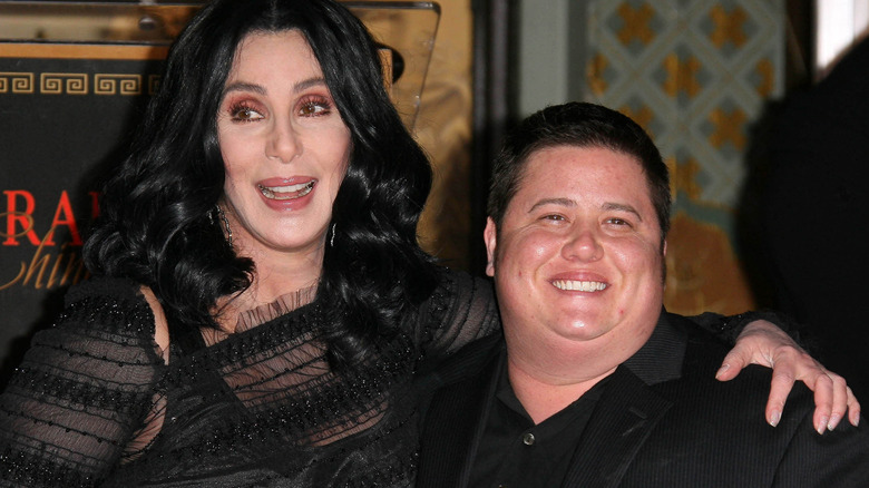 Cher and Chaz Bono pose 