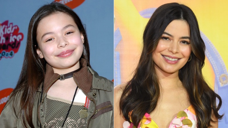 Split image of Miranda Cosgrove as a child actor and in 2024