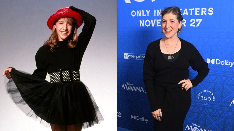 Split image of Mayim Bialik as a child actor and in 2024