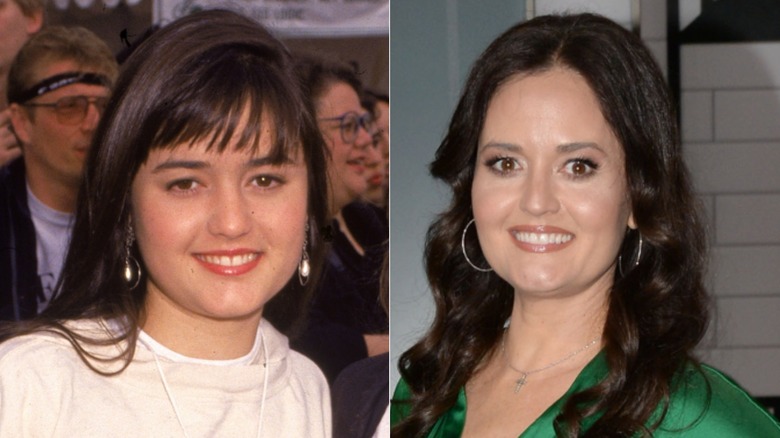 Split image of Danica McKellar as a child actor and in 2024